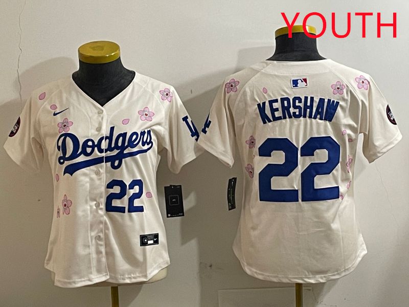 Youth Los Angeles Dodgers #22 Kershaw Cream Sakura Edition 2025 Nike MLB Jersey style 3->youth mlb jersey->Youth Jersey